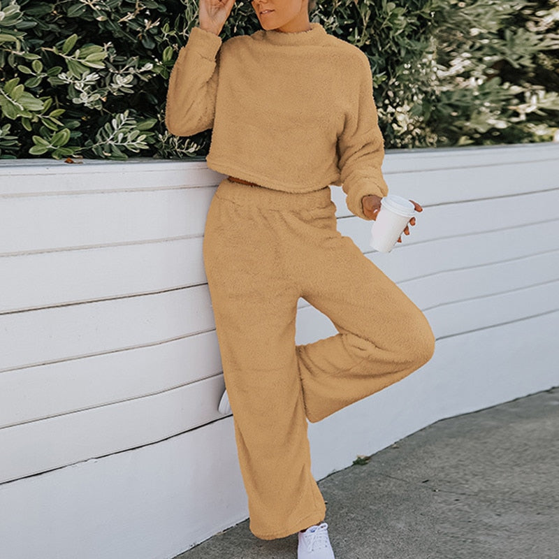 Fleece Round Neck Sweater Crop Top and High Waist Pants Set