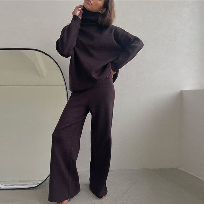 Knitted Turtleneck And Wide-Leg Pant Set