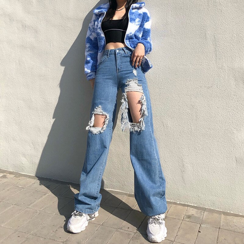 Vintage High Waist Baggy Ripped Straight Blue Jeans