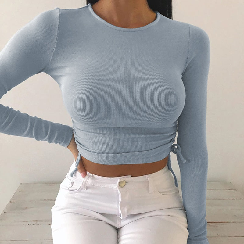 Casual Solid O-Neck Long Sleeve Crop Top