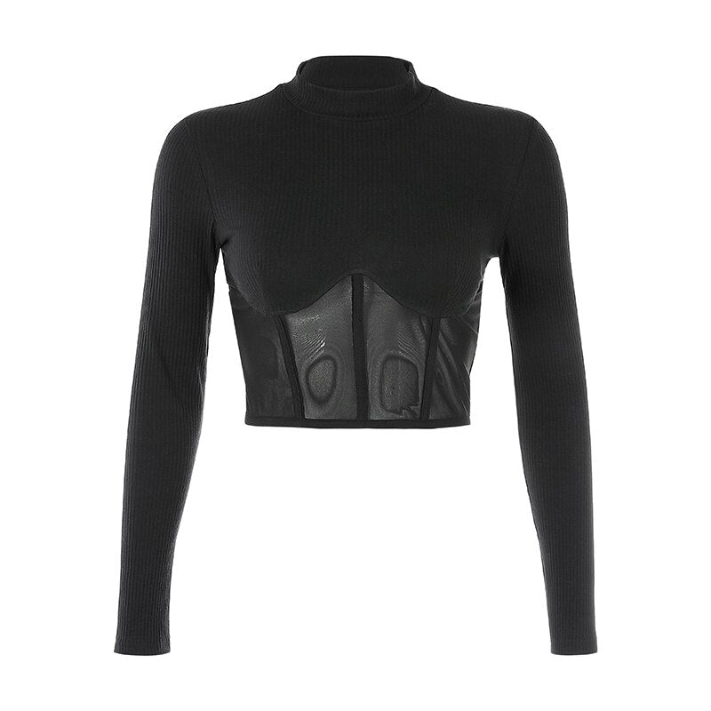 Stand Collar Long Sleeve Mesh Casual Crop Top