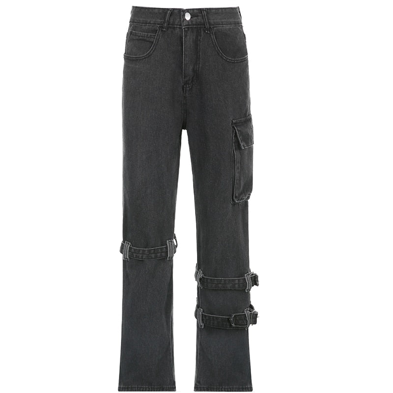 Full Length Cargo Pocket Straight Retro Gray Pants