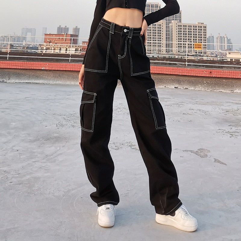 High Waist Baggy Full Length Straight Black Jeans