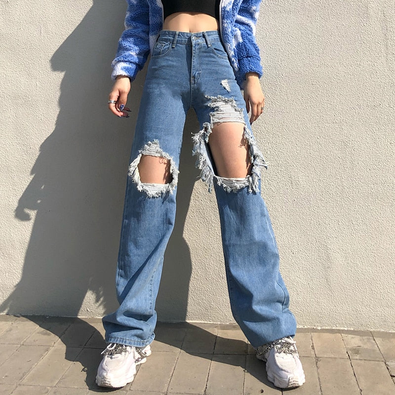 Vintage High Waist Baggy Ripped Straight Blue Jeans