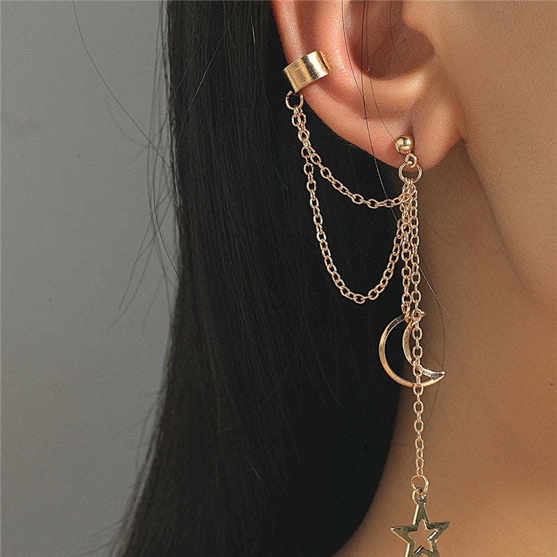 Star Moon Clip Hook Earrings