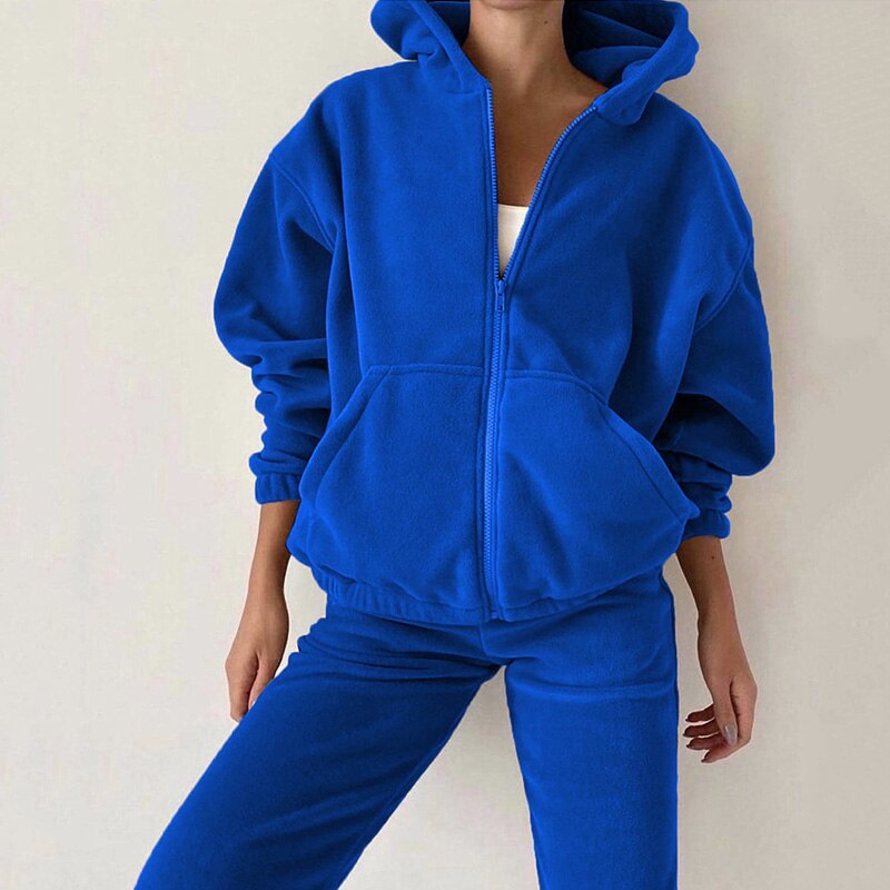 Casual Women Fleece Hoodie Two Piece Sets Hooded Zipper And Harem Pant Suit