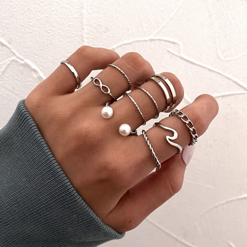 Leaf Moon Crescent Punk Knuckle Midi Rings Set