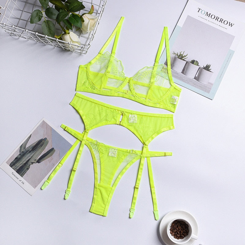 Neon Embroidery Breves 3 Piece Lingerie Set