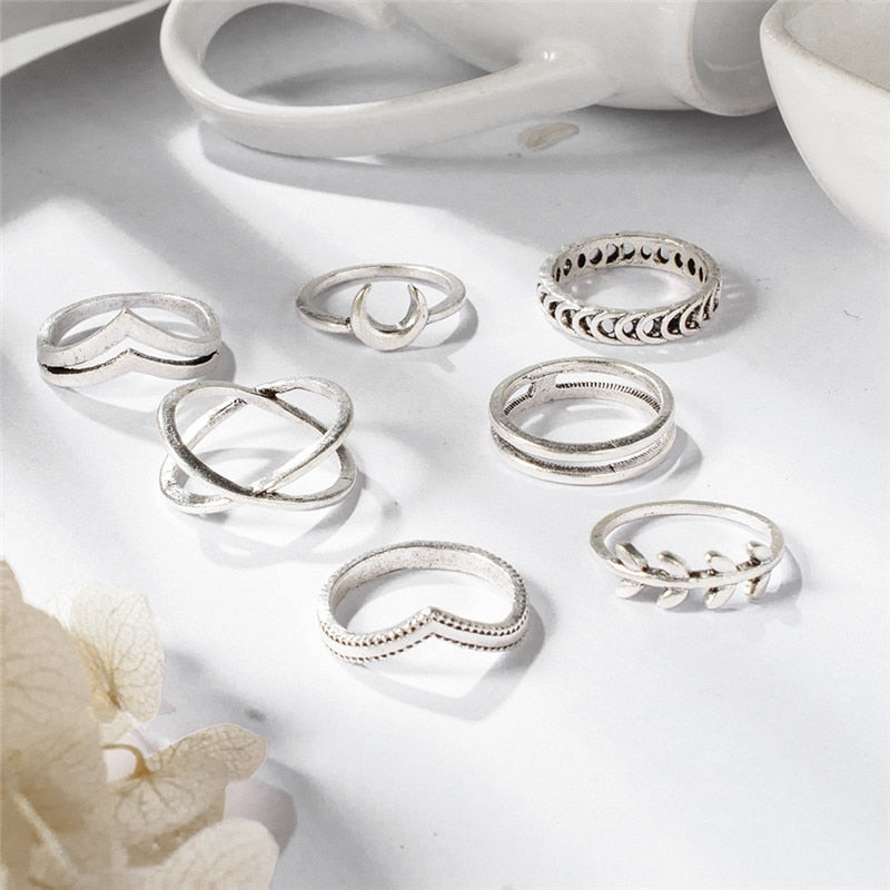 Leaf Moon Crescent Punk Knuckle Midi Rings Set