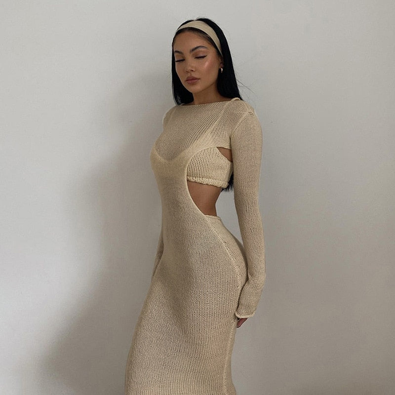 Long Sleeve Backless Knit 2 piece Dress