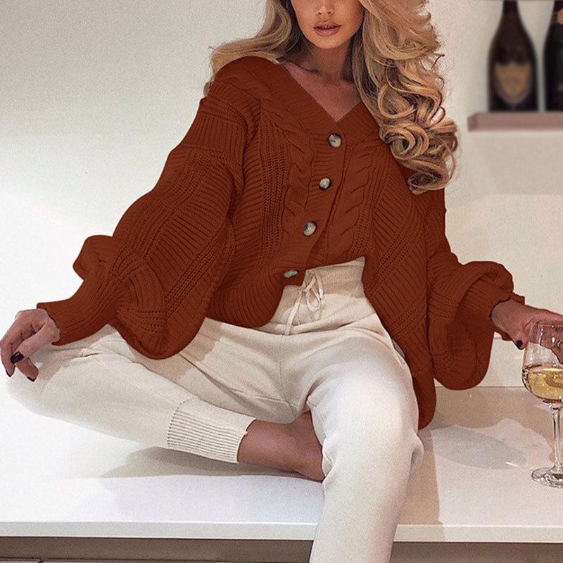 Knitted Cardigan Sweater Long Sleeve V Neck Button