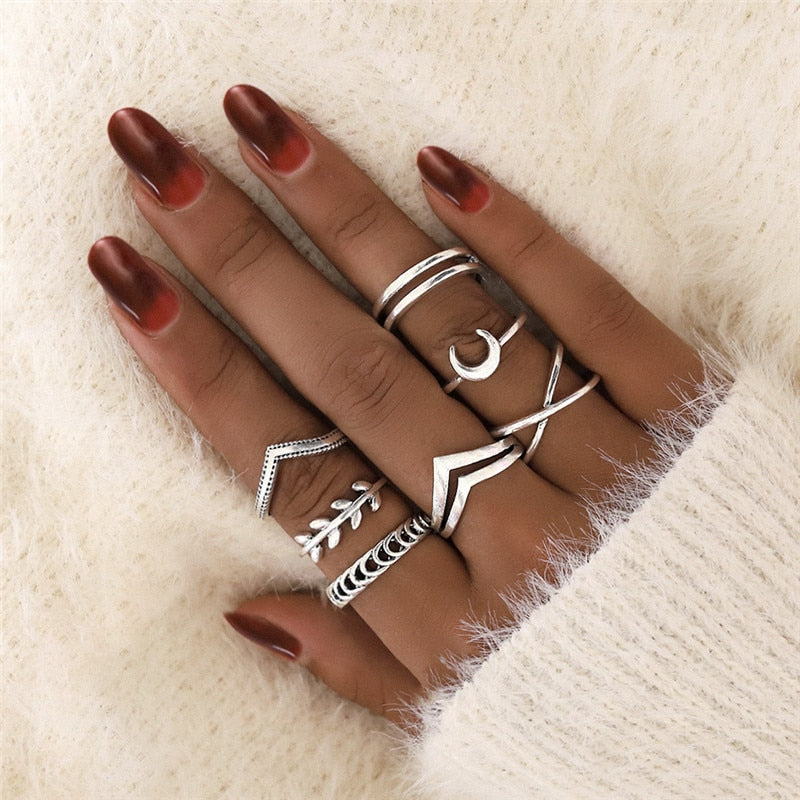 Leaf Moon Crescent Punk Knuckle Midi Rings Set