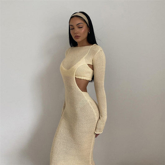 Long Sleeve Backless Knit 2 piece Dress