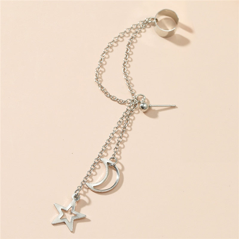 Star Moon Clip Hook Earrings