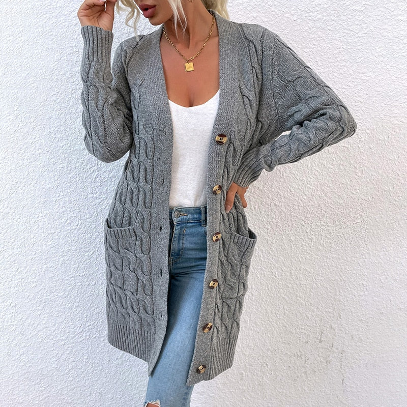 Long Twisted Rope Solid Color Knitted Cardigan