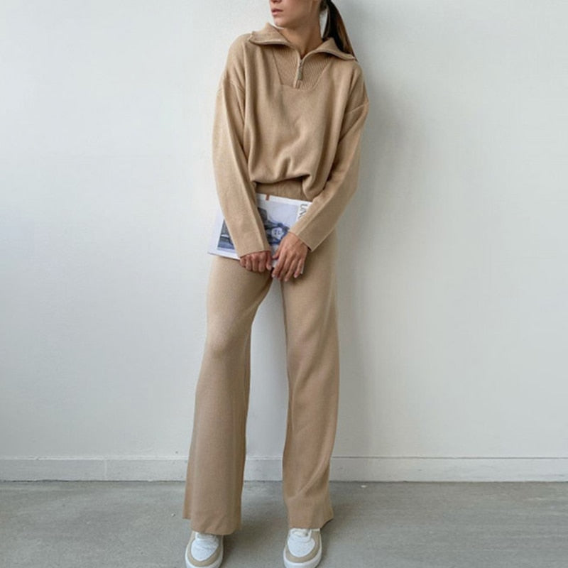 Knitted Turtleneck And Wide-Leg Pant Set