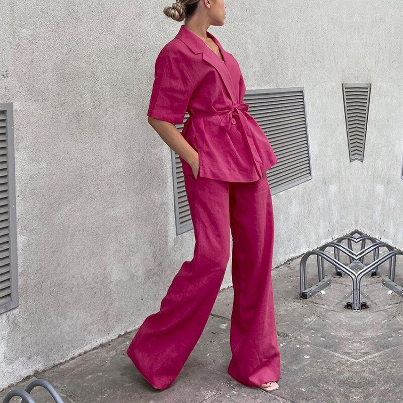 Pink Wide Suit With Belts 2 Piece