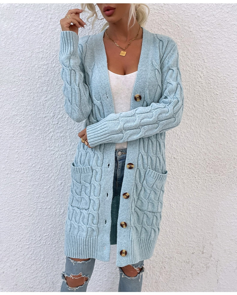 Long Twisted Rope Solid Color Knitted Cardigan