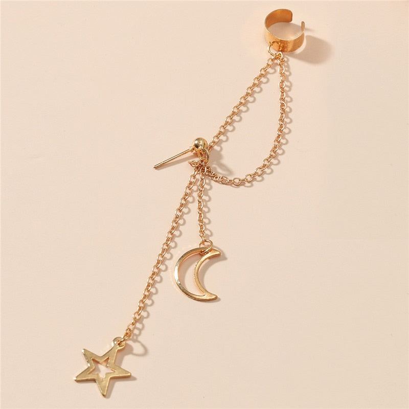 Star Moon Clip Hook Earrings