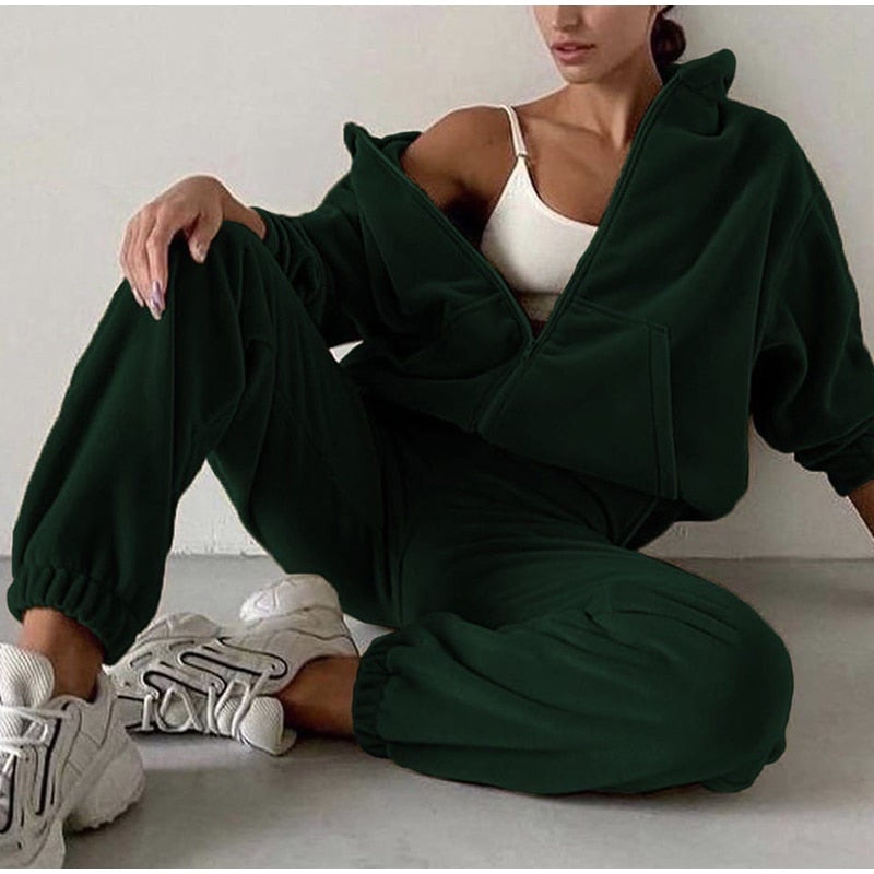 Casual Women Fleece Hoodie Two Piece Sets Hooded Zipper And Harem Pant Suit