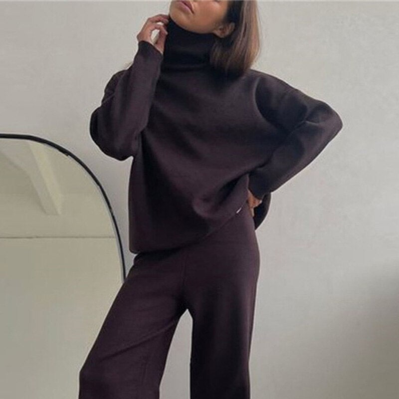 Knitted Turtleneck And Wide-Leg Pant Set