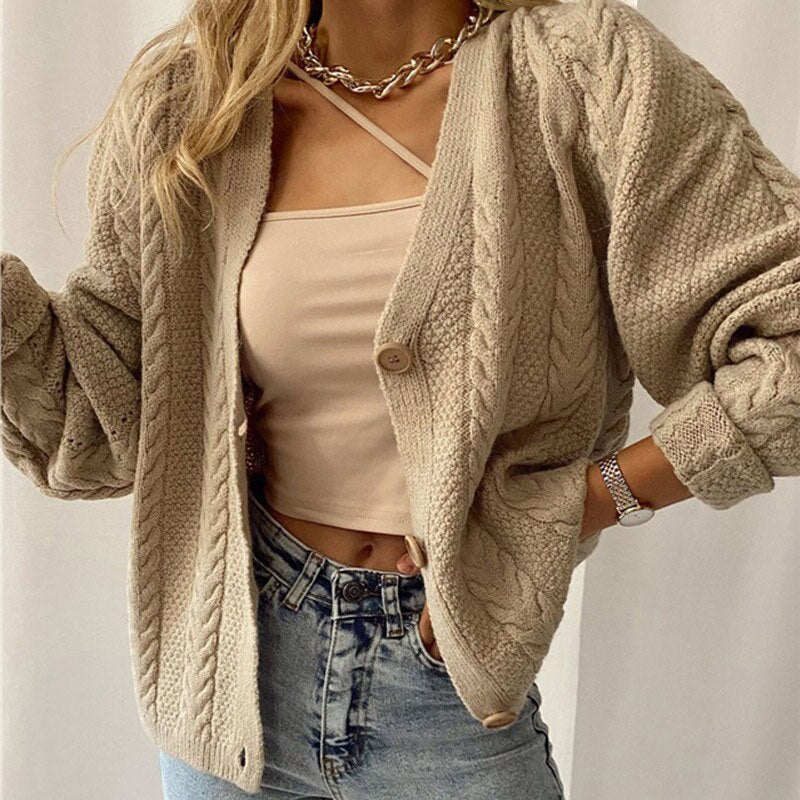 Casual Short Cardigan Knitted Long Sleeve V Neck