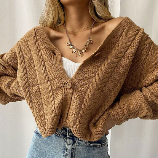 Casual Short Cardigan Knitted Long Sleeve V Neck