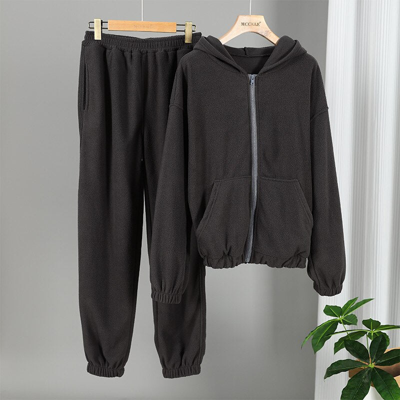 Casual Women Fleece Hoodie Two Piece Sets Hooded Zipper And Harem Pant Suit