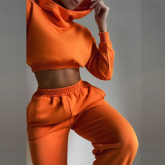 Women Casual Two Piece Sets 2021 O Neck Hoodies Cropped Top And High Waist Sweatpants Suits Fashion Sexy Female Solid Tracksuits