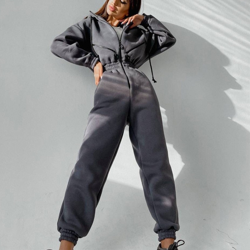 Casual Hoodie Two Piece Sets Zipper Drawstring Jacket Outerwear And Elastic Pencil Pant Suit