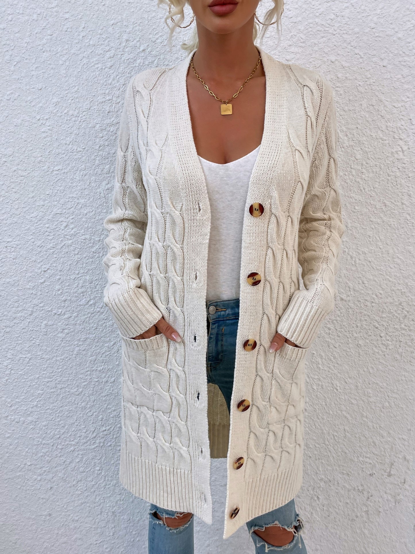 Long Twisted Rope Solid Color Knitted Cardigan