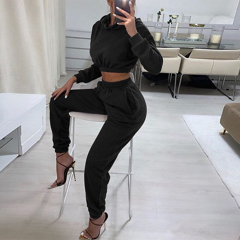 Women Casual Two Piece Sets 2021 O Neck Hoodies Cropped Top And High Waist Sweatpants Suits Fashion Sexy Female Solid Tracksuits