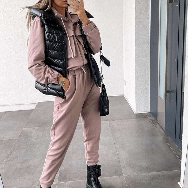 Casual Two Piece Sets Fleece Suits Zipper And Thick High Waist Trouser