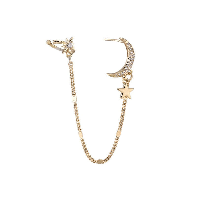 Gold Color Moon Star Clip Earrings