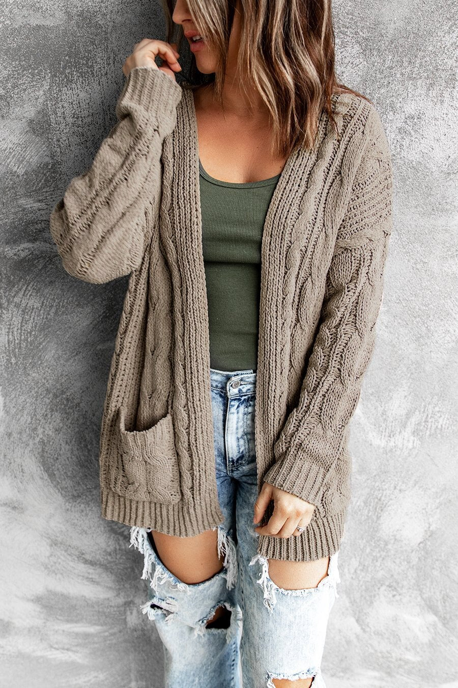 Solid Color Pocket Mid-length Twist Knit Cardigan