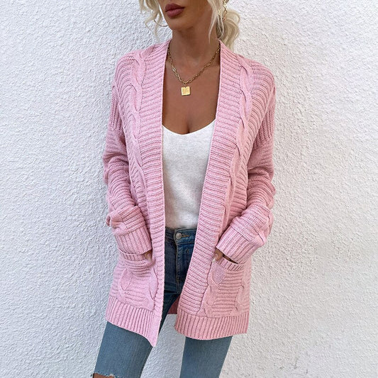 Twisted Rope Mid-length Pocket Knit Cardigan