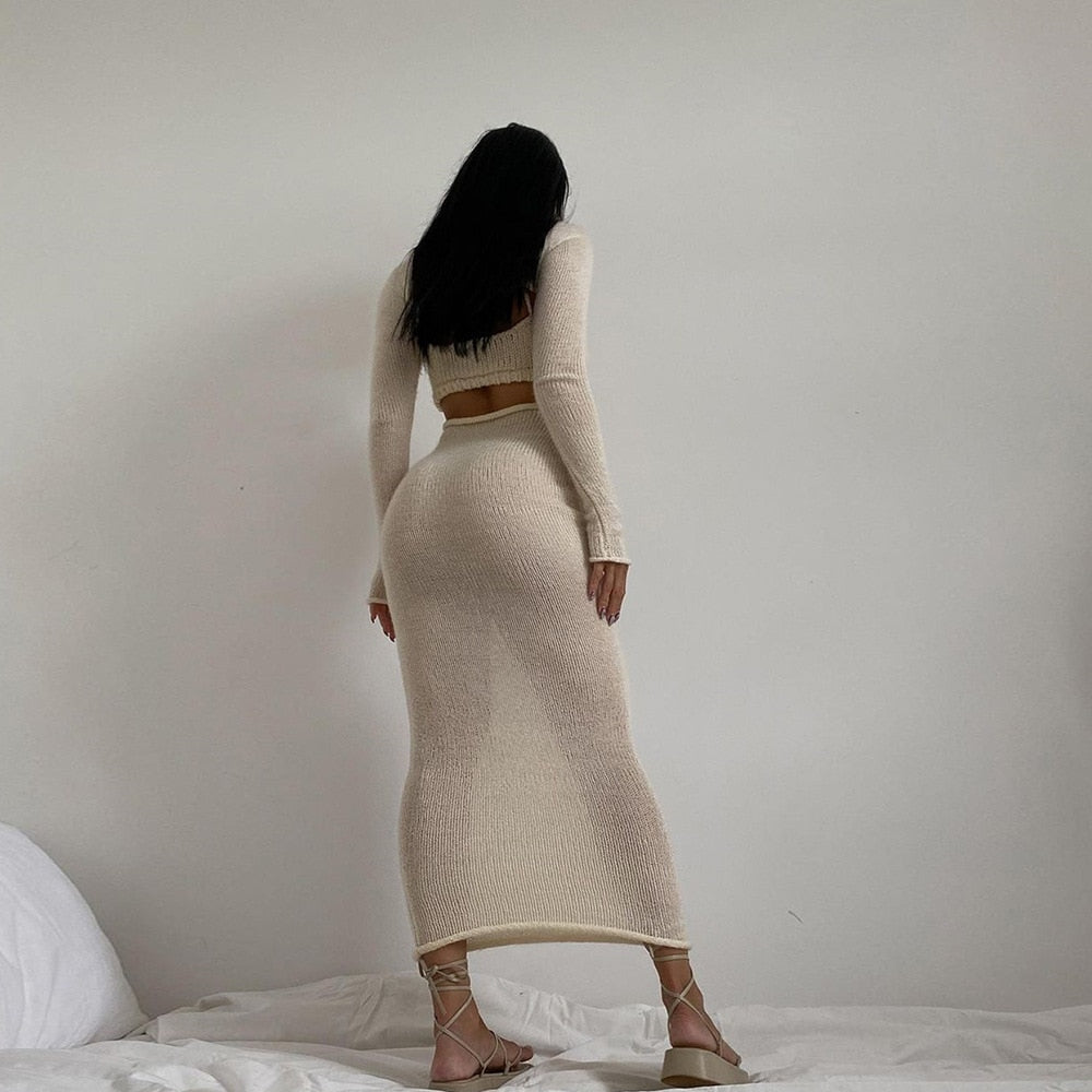 Long Sleeve Backless Knit 2 piece Dress