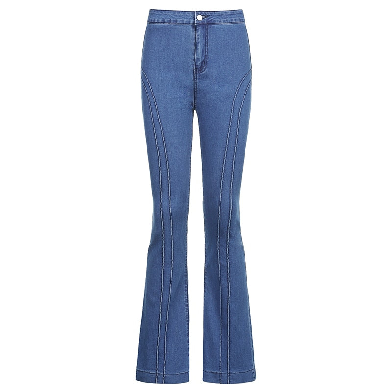 Vintage High Waist Striped Flare Blue Jeans