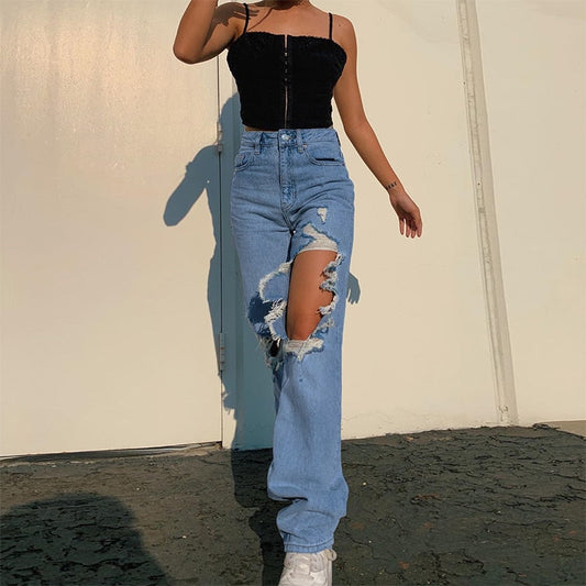 Hollow Out High Waist Cargo Ripped Jeans