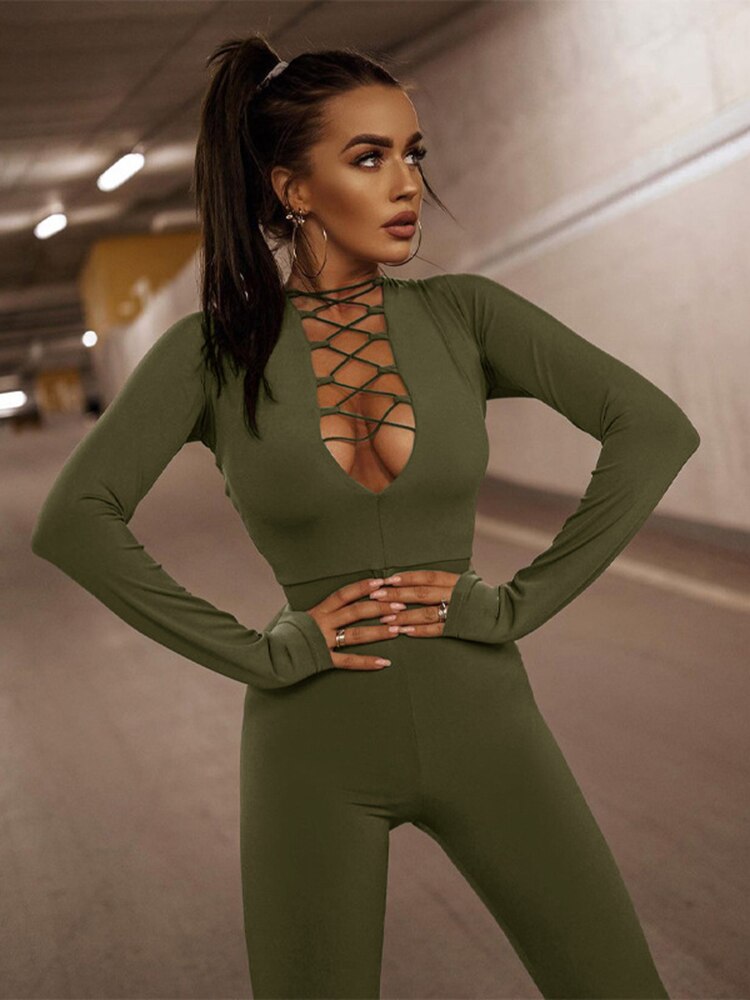 V-Neck Bodycon Shoulder Pads Long Sleeve Jumpsuit