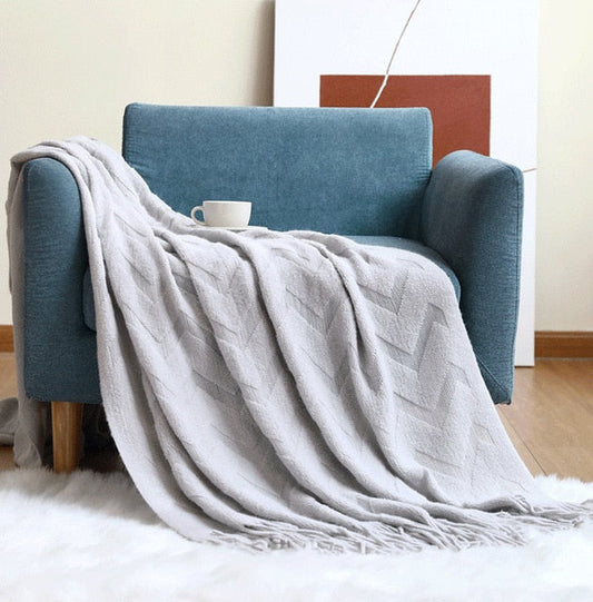 Nordic Tassel Knitted Sofa Blanket-Light gray