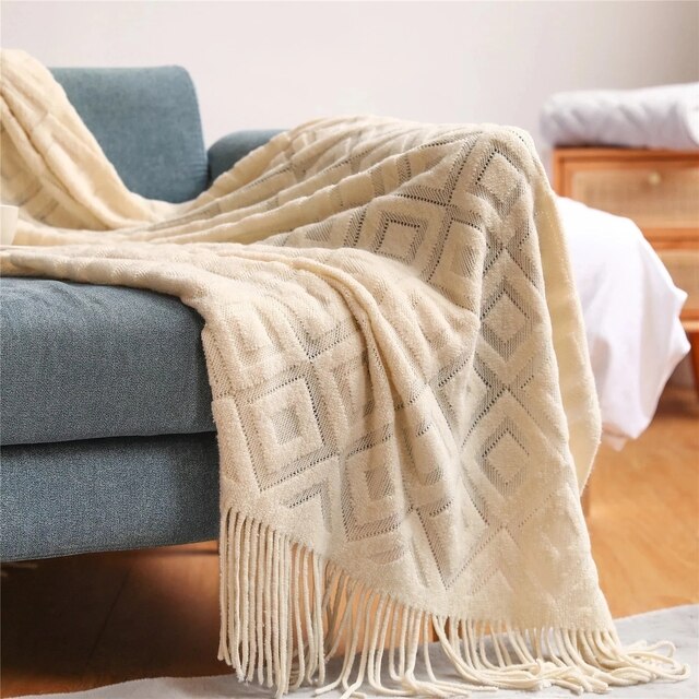 Cashmere Diamond Sofa Blanket-Beige