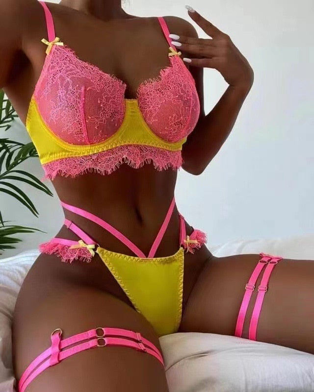 Push Up Bra Briefs Lace 3 Piece Pink Lingerie Set