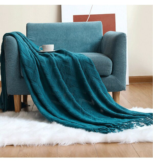 Nordic Tassel Knitted Sofa Blanket-Deep Blue