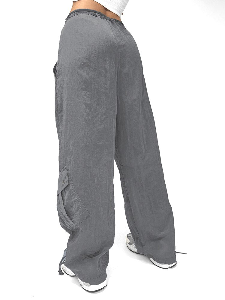 Lace Up Drawstring Pocket Baggy Gray Pants