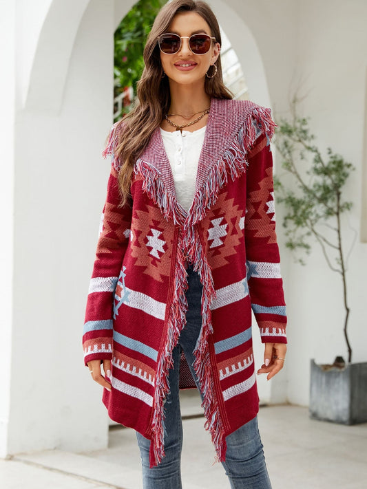 Long Knitted Jacquard Geometric Hooded Cardigan