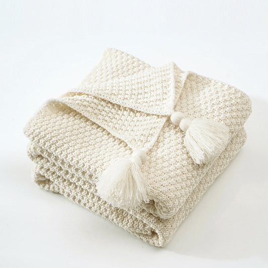 Warm Cozy Nordic Tasseled Knit Blanket-Beige