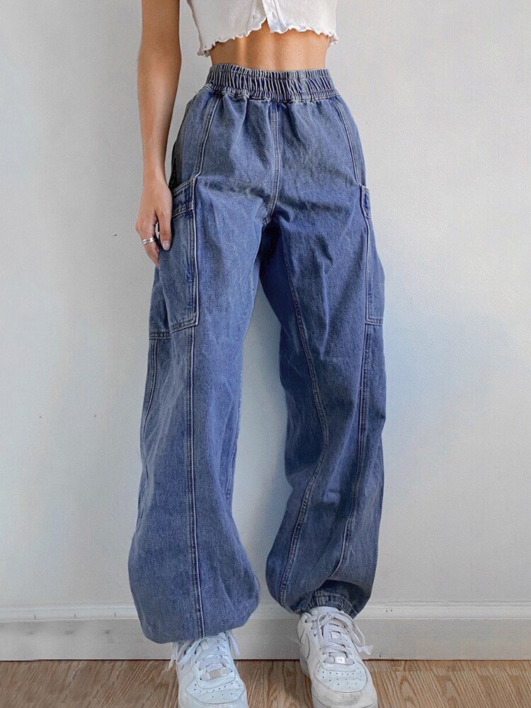 Elastic High Waist Pocket Straight Blue Mom Jeans