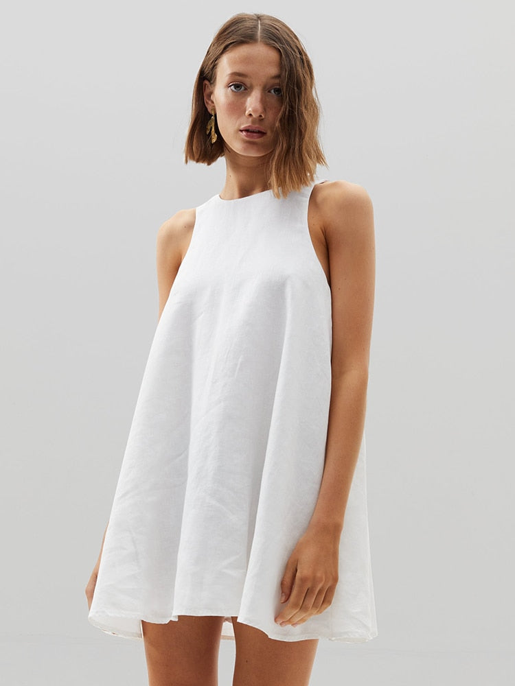 White Sleeveless O-Neck Cotton Night Dress