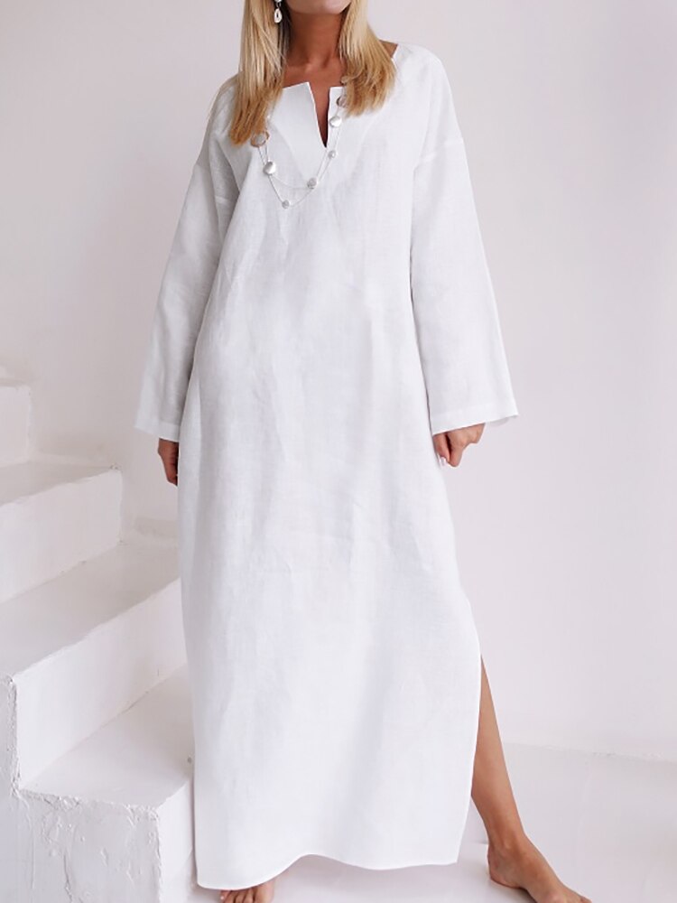 Linad's Loose Cotton Long Sleeve V-Neck Night Dress